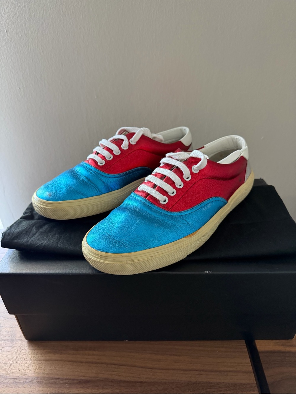 Saint Laurent Paris Skate Sneakers in Metallic Blue and Red / Sz 41